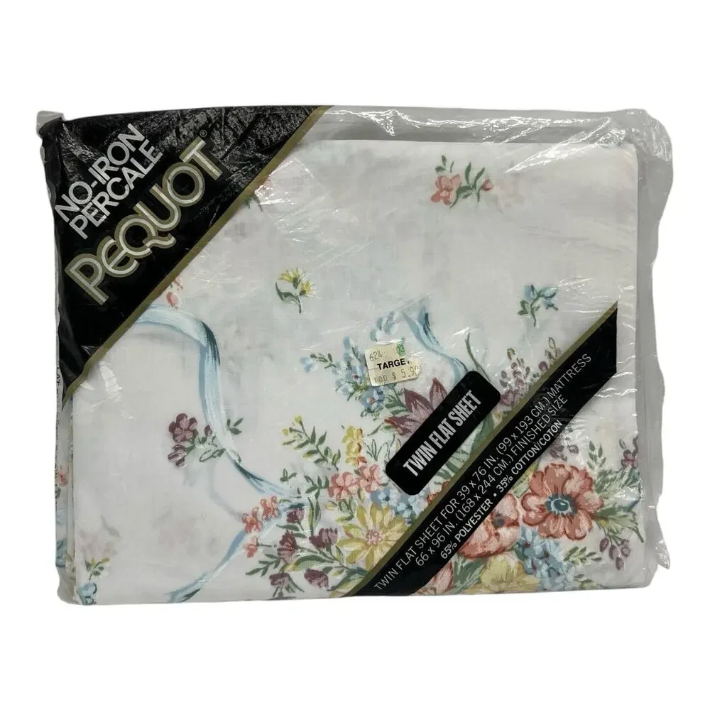 NEW VTG Pequot No Iron Percale Floral Ribbon 90s Cottage Twin Flat Sheet Crafter